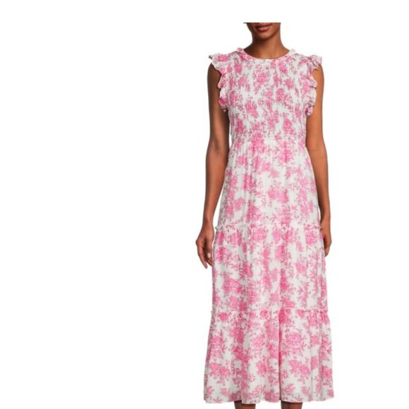 SAKS FIFTH AVENUE PINK AND WHITE SMOCKED MIDI DRESS - Picture 1 of 4